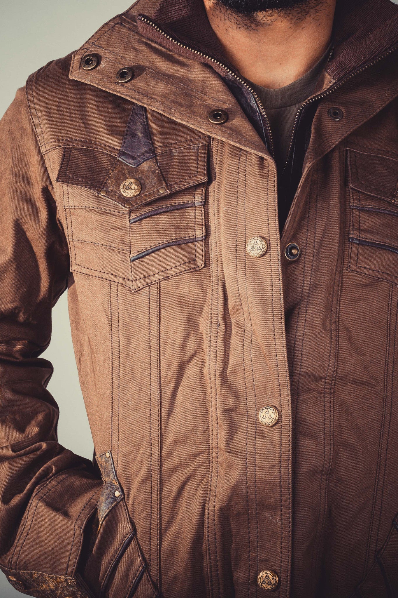 Alloy stretch denim and leather jacket - anahata designs