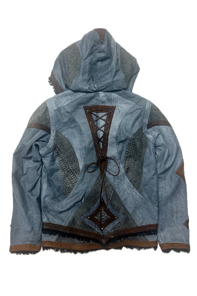 Mens Victory Python Leather Jacket - Blue Grey w/ Silver Python & Brown Trim - Custom Size - anahata designs/infiniti now