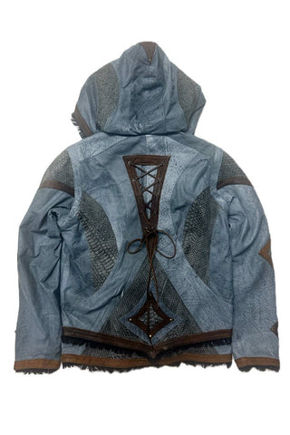 Mens Victory Python Leather Jacket - Blue Grey w/ Silver Python & Brown Trim - Custom Size - anahata designs/infiniti now
