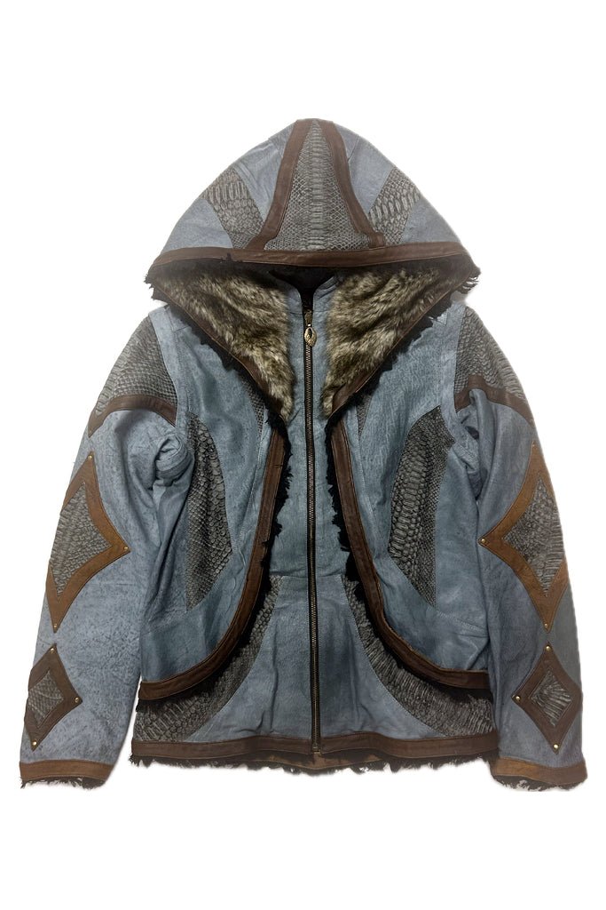 Mens Victory Python Leather Jacket - Blue Grey w/ Silver Python & Brown Trim - Custom Size - anahata designs/infiniti now