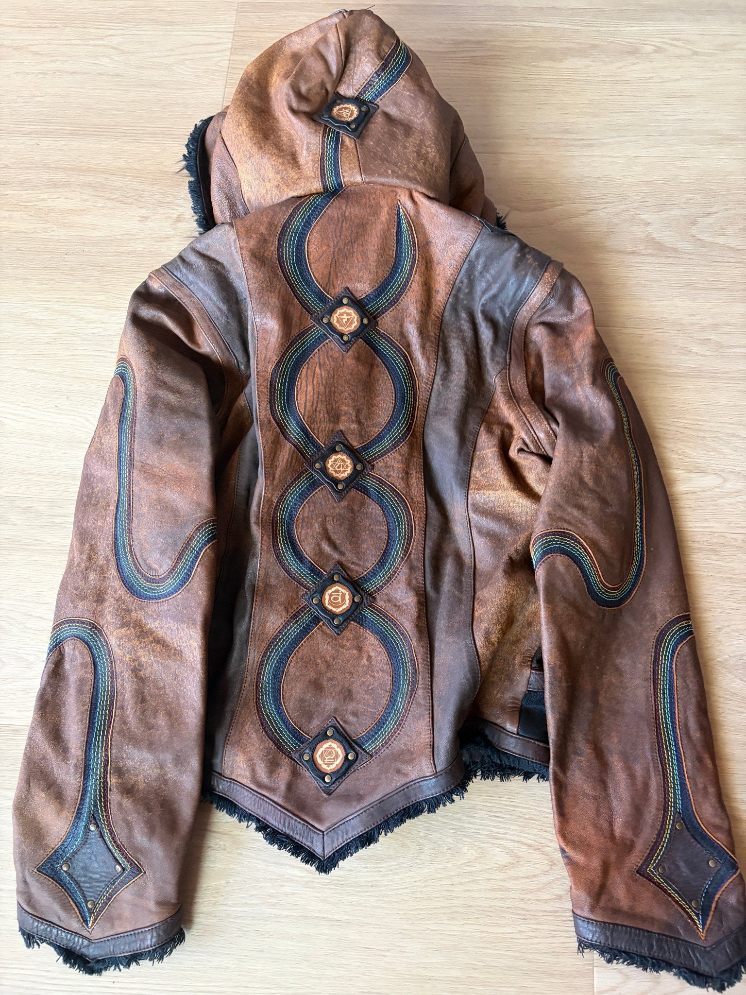 PREL🖤VED - Rainbow Serpent Mens Cut Leather Jacket - Brown Combination Large - anahata designs/infiniti now