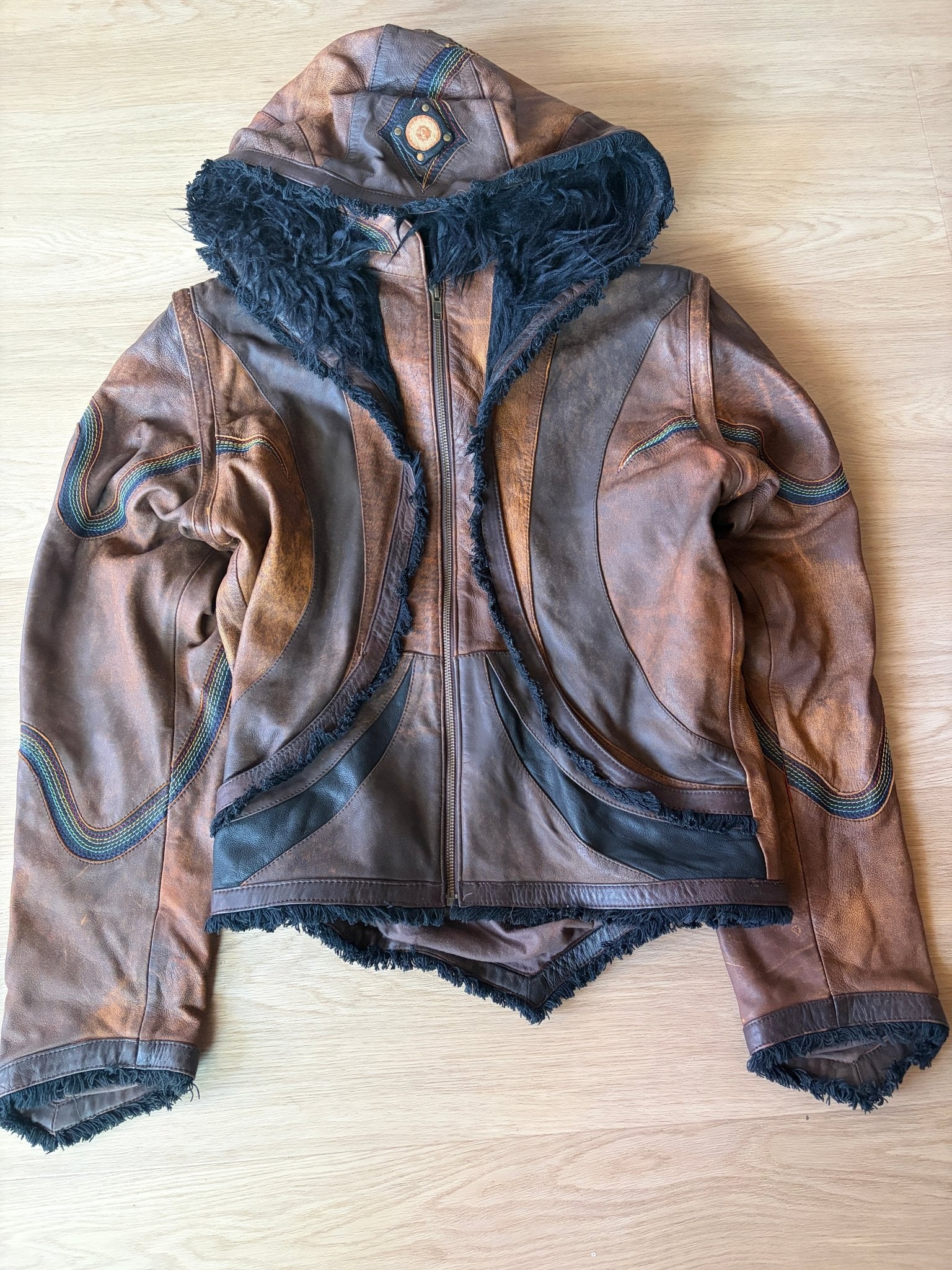PREL🖤VED - Rainbow Serpent Mens Cut Leather Jacket - Brown Combination Large - anahata designs/infiniti now