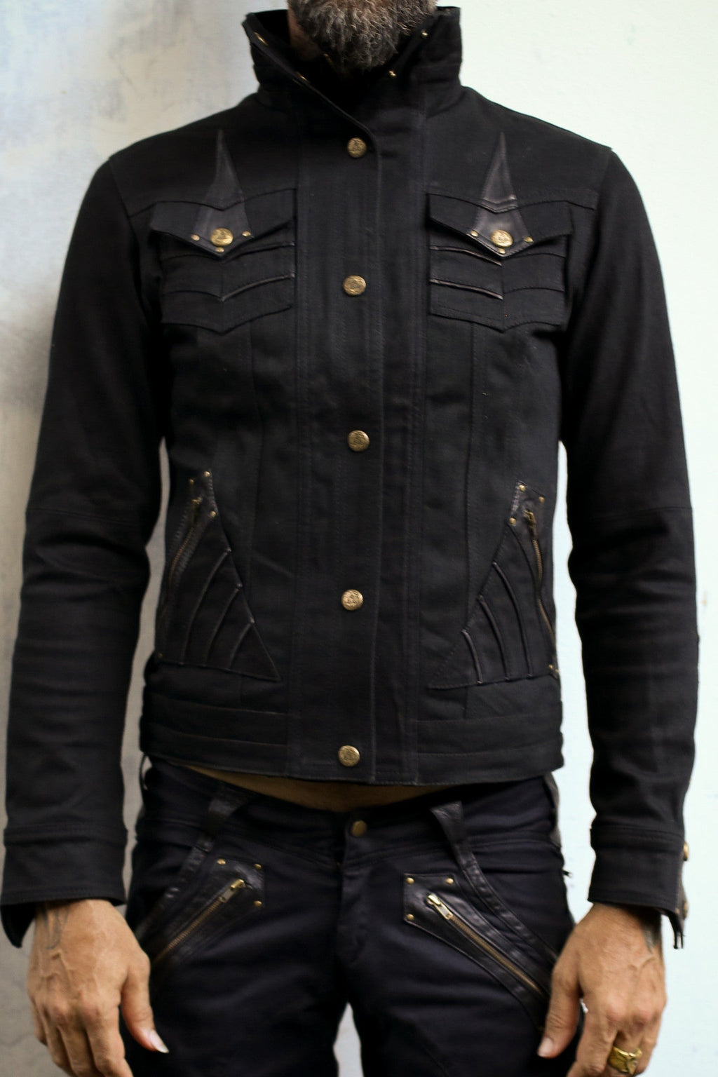 Alloy stretch denim and leather jacket - anahata designs