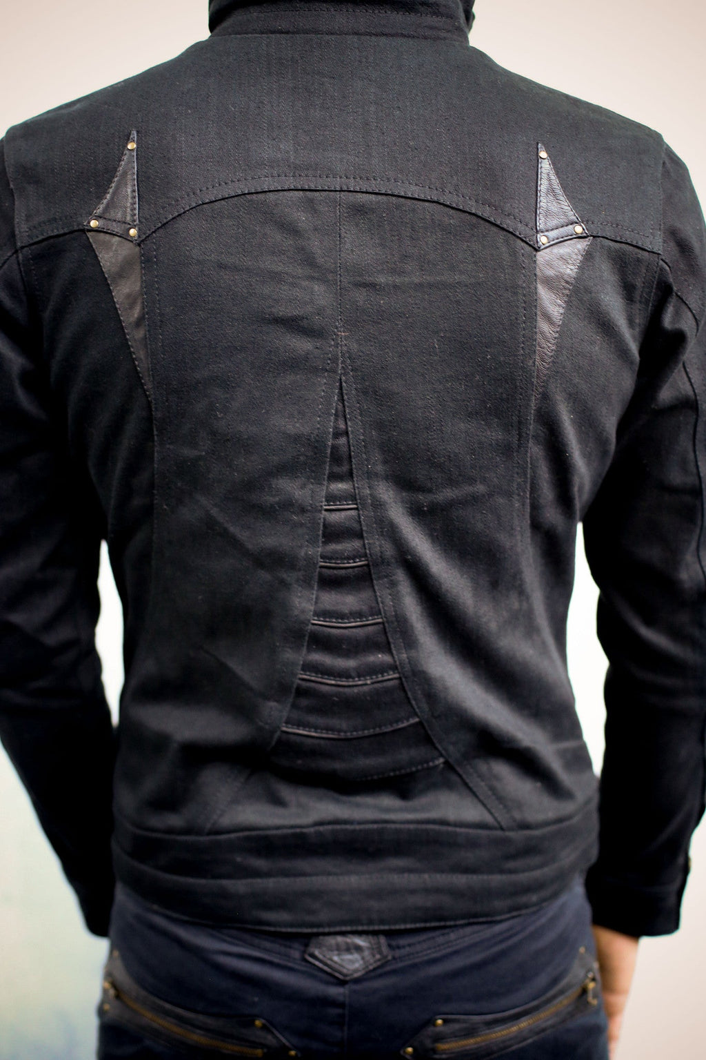 Alloy stretch denim and leather jacket - anahata designs