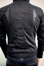 Alloy stretch denim and leather jacket - anahata designs