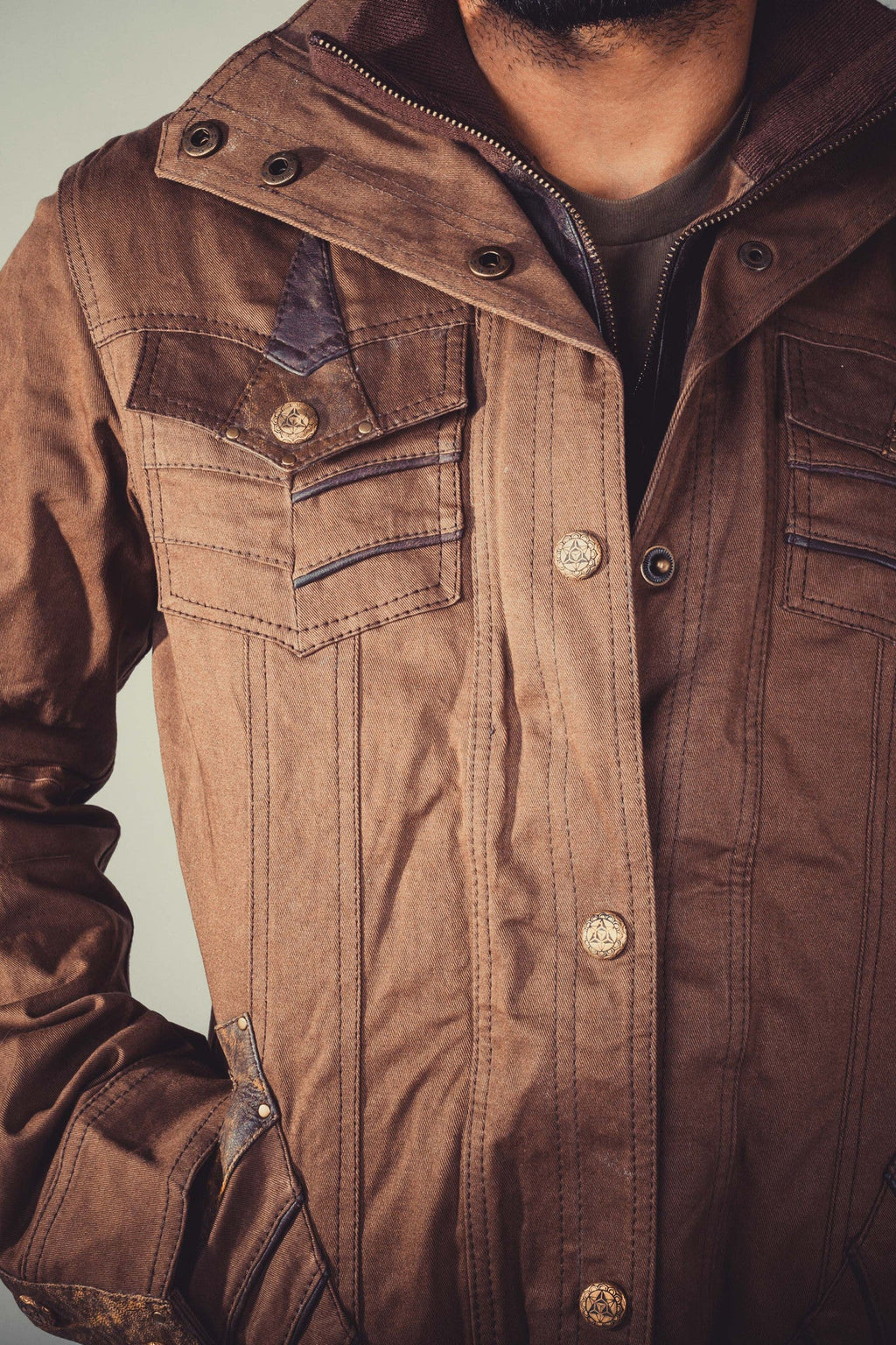 Alloy stretch denim and leather jacket - anahata designs