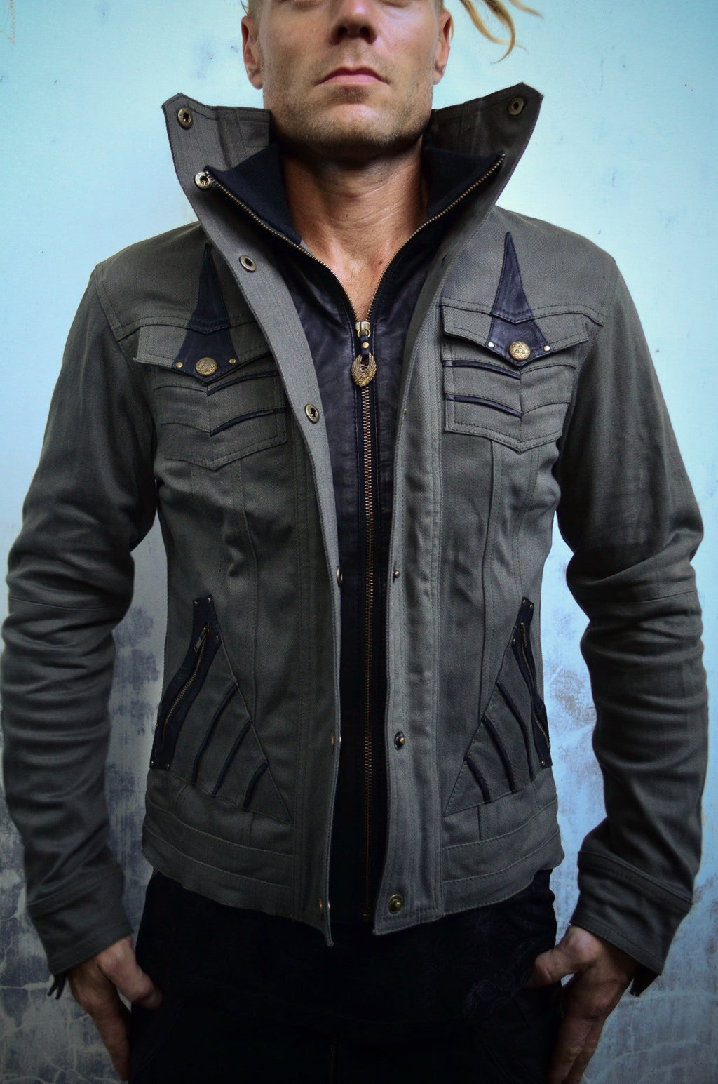 Alloy stretch denim and leather jacket - anahata designs