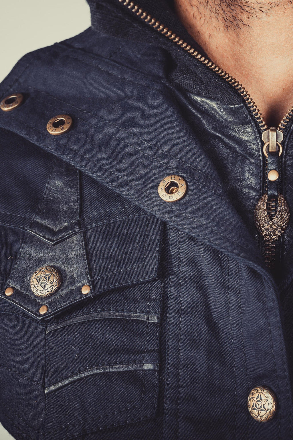 Alloy stretch denim and leather jacket - anahata designs