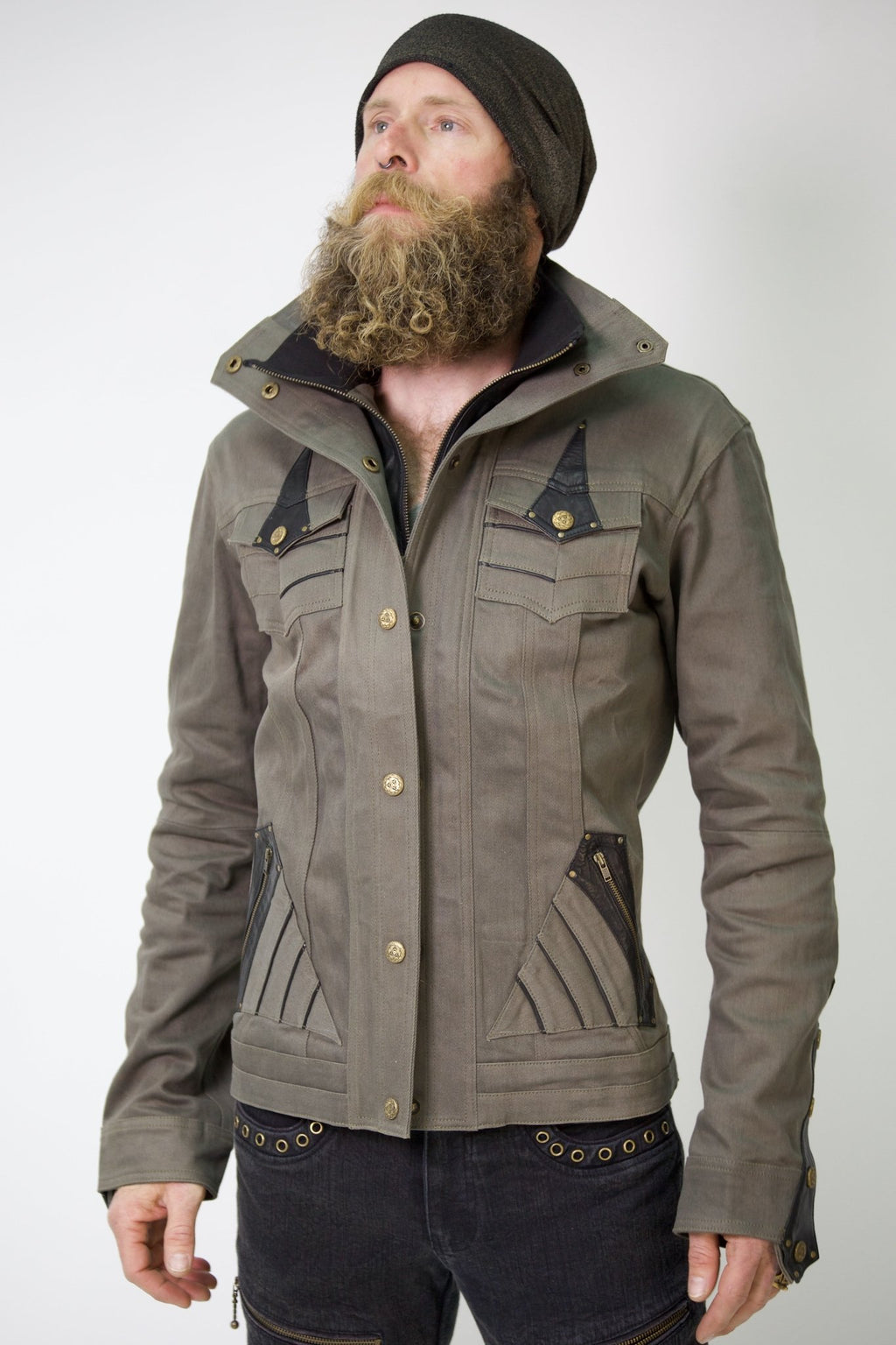 Alloy stretch denim and leather jacket - anahata designs