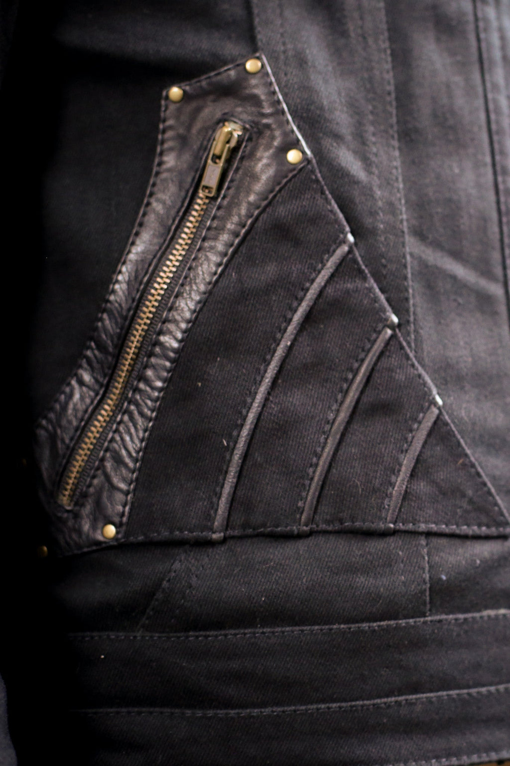 Alloy stretch denim and leather jacket - anahata designs
