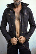 Alloy stretch denim and leather jacket - anahata designs