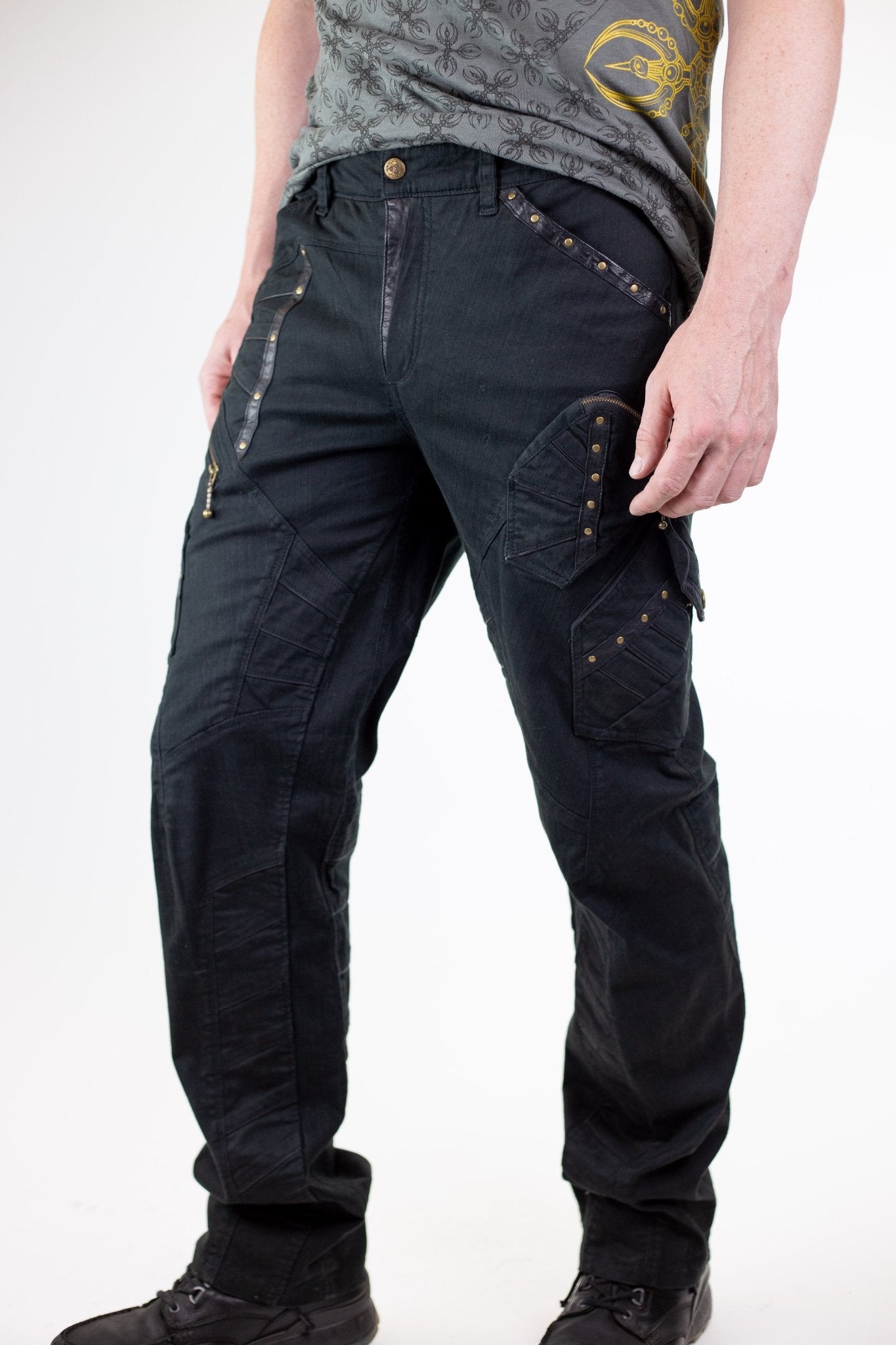 Chiseled Organic stretch denim and leather Pants - anahata designs/infiniti now